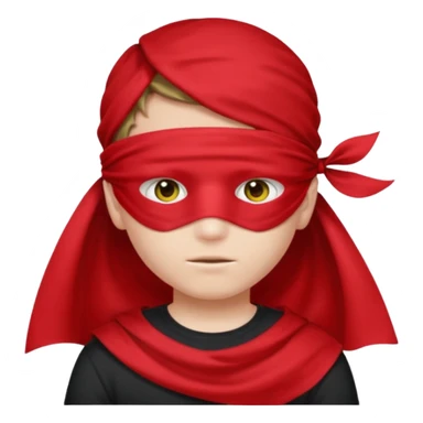boy wearing red cloth over only eyes boy wears black t-shirt sticker