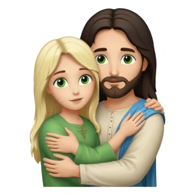 Jesus Christ with dark hair hug blonde girl with green eyes  sticker