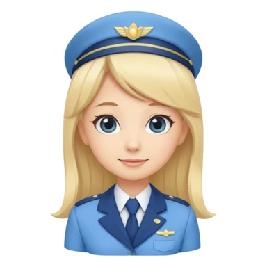 Cute emoji-style Japanese flight attendant, blonde long hair , pastel blue airline uniform, kawaii cartoon style, big eyes, simple clean lineart, pastel colors, chibi proportions, friendly smile, sticker/emoji, transparent background sticker