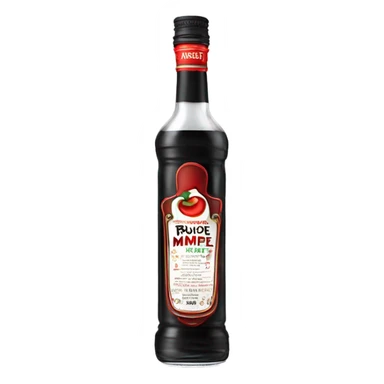 Tall clear alcohol bottle of “Rumple Minze” alcohol with black and red label sticker