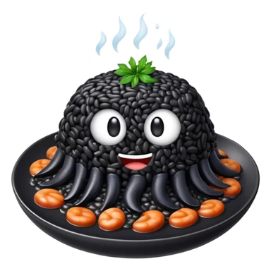Cinematic Realistic Black Risotto Dish Emoji, showcasing a rich squid ink-infused risotto rendered with bold textures and dynamic, dramatic lighting. sticker