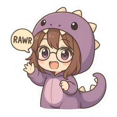 chibi anime style girl with glasses, brown hair, dark purple eyes, wearing a purple dinosaur costume, saying 'rawr' in a cute playful way sticker