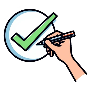 A hand with pen checking off a green checkbox inside a circular progress tracker, clean outlined style, symbolizing completed tasks and progress tracking sticker