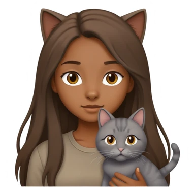 a longhair girl wearing a brown shirt with a grey cat sticker