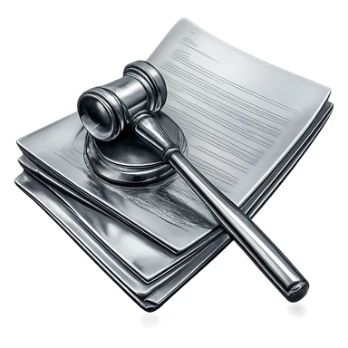Transform the gavel and papers into a 3D chrome metallic style but keep the original brown and cream colors, highly reflective and shiny, no background. sticker