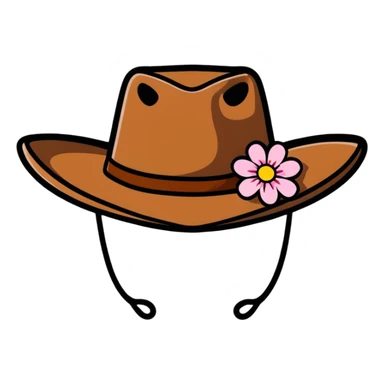 Cowgirl hat with flowers, pink and white flowers decorating a brown cowboy hat sticker