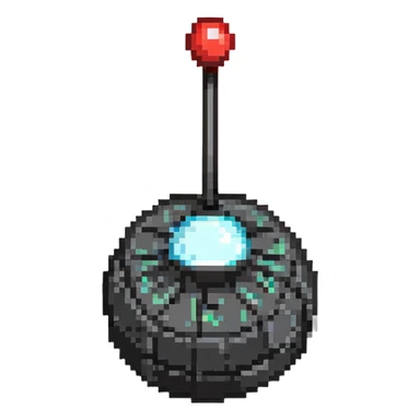 Remote control bomb, black round bomb with antenna and red button, pixel art style sticker