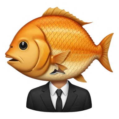 A man wearing nice black suite, and he has a fish head sticker