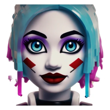 Synthwave Lego in Harley Quinn style, oil paint, mysterious eyes, intricate lips, masterpiece portrait, odd perspective, beautiful, desirable, logical sticker