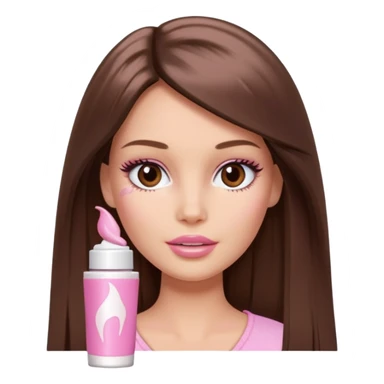 Barbie girl brown long Straight hair and brown eyes is In pale pink smears by hand cosmetic cream on her face sticker