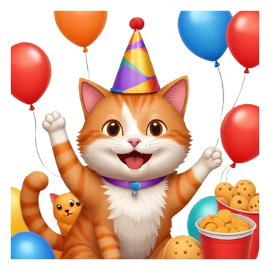 cat laughing with friends, surrounded by balloons and snacks, college party scene sticker