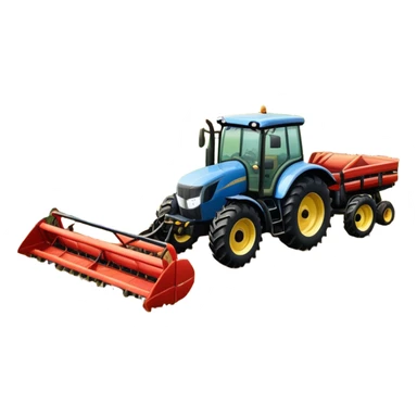 An icon representing a farming simulator, with a detailed tractor plowing fields under a bright sky with rural landscape. The design includes farming tools, crops and barns, symbolizing the immersive experience of managing a farm. Transparent background. sticker