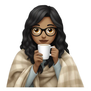 girl with black hair and glasses, white skin, drinking coffee wearing blanket. use all pastel, nude colors sticker