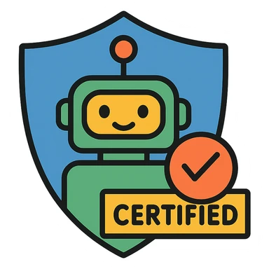 certified safe AI robot inside a protective shield, clear safety badge, modern and friendly look, icon style sticker