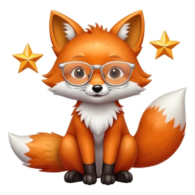 A kind fox with shimmering fur, a glowing tail, a silver star on its forehead, and round glasses, sitting with its front paws together in a thankful gesture sticker
