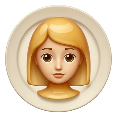 apple style emoji of a bust with stylized features entirely made from tall cylindrical flan with smooth slightly translucent beige gelee texture, on round white plate sticker