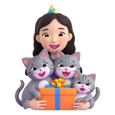 asian girl laughing, holding a grey cat, birthday party sticker