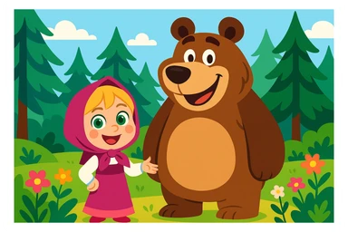 whimsical cartoon scene: smiling blonde girl with green eyes, pink dress and headscarf, next to a big friendly brown bear in a lush green forest with tall pines and colorful flowers, bright clean background sticker