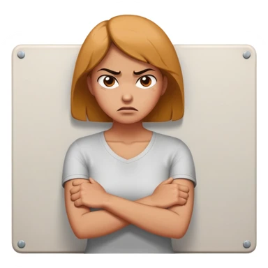 woman with avoidant attachment style with angry expression, arms firmly crossed creating barrier, body turned slightly away showing emotional distance, dismissive cold eyes, small wall or barrier symbol nearby sticker