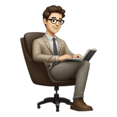 Pale skinned Fit Man With dark brown hair in gray jacket, beige office shirt, Brown pants and vintage glasses sitting In a soft chair with a notebook on spring with emblem Ψ and a pen sticker