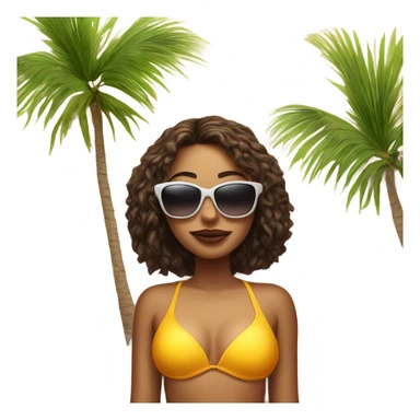girl lies on the sand in a swimsuit and sunglasses, against the backdrop of a palm tree sticker