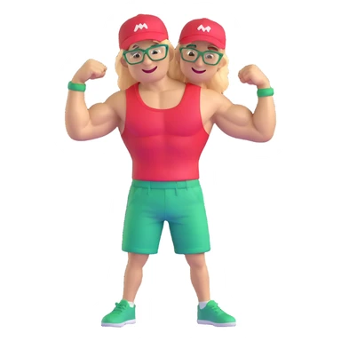 Man with black and white cap, bare torso, red shorts, clear glasses, messy light blond mullet hairstyle, smiling and flexing muscles sticker