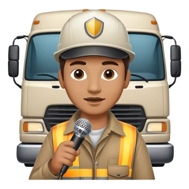 truck driver talking into a microphone with truck backdrop sticker