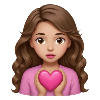 girl with long wavy brown hair, brown eyes, light to medium complexion, in a pink shirt, pink lips, long lashes, sexy , puckering, blushing, kissing a heart sexy sticker