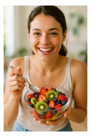 A cheerful person holding a glass bowl of colorful fruit salad with vibrant pieces of strawberries, kiwis, and blueberries visible. The person is wearing a casual, light-colored tank top and has a friendly, bright smile as they prepare to take a bite with a spoon. The overall composition focuses on health and enjoyment. sticker