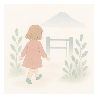soft watercolor illustration in a minimalist modern style of a female child walking outside of a gate viewed from behind, with green plants outside the gate and a mountain in the background, pastel colors, delicate linework, gentle whimsical mood, minimal soft shading sticker