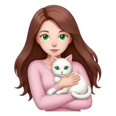 white woman with very long brown hair and green eyes in a light pink outfit hugging a white cat sticker