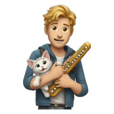 A guy holding a cat and a harmonica sticker