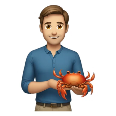 a man with brown hair is holding a crab sticker