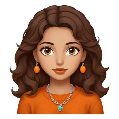 Iranian girl with warm tan skin, wearing an orange wool sweater. She has dark brown, shoulder-length wavy hair, one brown eye, and slightly full lips. She also wears a delicate necklace. sticker