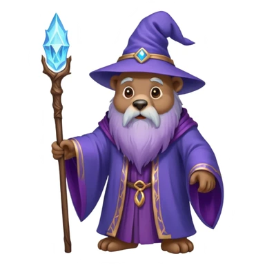 A wise old bear wizard with long beard casting a blue spell with wooden staff and purple flowing robes sticker