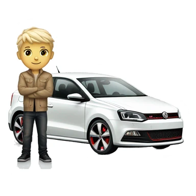 Blonde boy standing with white Volkswagen polo GTI with gold alloys sticker