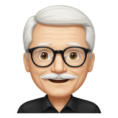 An elderly man with white hair and mustache, wearing black glasses sticker