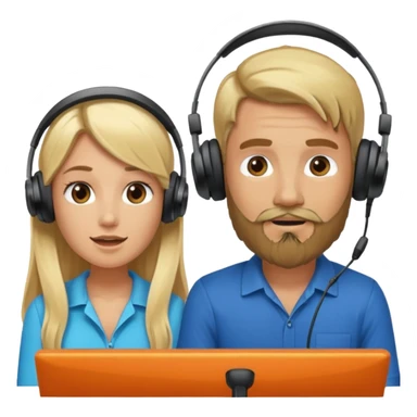 pareja hombre con barba y mujer rubia  pelo largo  charlando en streaming con auriculares sticker