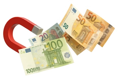 banconote di euro fluttuano vicino ad una calamita rossa, sono attratte, iperrealistico 4k sticker