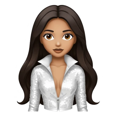 Ciara with long dark brown hair, white sequin outfit sticker