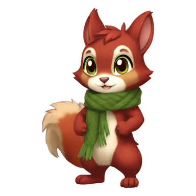 Cute, Chibi, Kemono-style, Anthro, Fur-Sona, Dark-Red, Squirrel-Rabbit-hybrid-Fakémon, with a green scarf, full body sticker