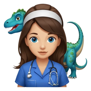 pretty brunette nurse with long hair and blue eyes in dinosaur scrubs sticker
