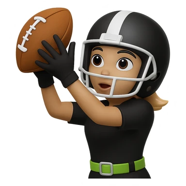 Create an emoji style image of a woman catching a football, wearing a helmet and an all black uniform with white accents. The only flag belt is lemon lime color, no other flags. She is holding one football. Keep the background transparent. sticker