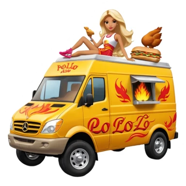Hispanic pollo loco Barbie’s insanely flaming hot butt hurt burning chicken sandwich Extended length Sprinter 4500 van high roof off road rally delivery food truck capable of rock and desert racing  sticker
