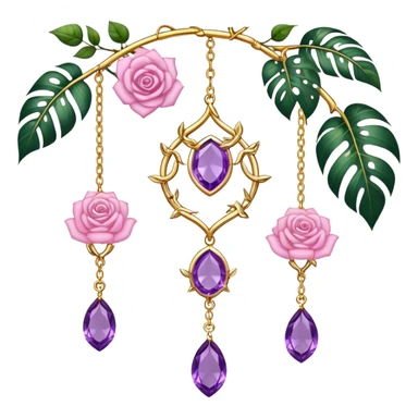 Hanging suncatcher, gold chains with shiny sparkly amethyst and rose-quartz gemstones, roses, beautiful tropical leaves, gorgeous aesthetics sticker