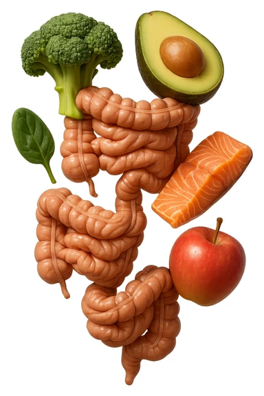 cibo sano fluttua in aria verticalmente stringendo piccoli colon umani, stile emoji iphone, iperrealistico 4k sticker