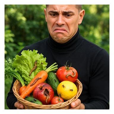 Create a realistic or semi-realistic style image of a 30-year-old man inspired by the reference image, holding a basket of fresh produce. The man has a disgusted expression. The fruits and vegetables show clear signs of contamination by insects and worms. The background is a garden. Emphasize strong contrast between freshness and contamination, conveying a health warning mood. sticker