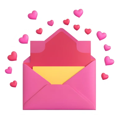 Recreate a pink envelope with a yellow card inside, several red and pink hearts coming out of the envelope, no text, white background, soft 3D shading and glossy highlights, matching the look of iOS 18 emojis. sticker