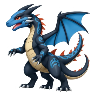Black and Blue Charizard-Stitch-Zekrom-Salandit-Sneasel-fusion, full body, tribal markings  sticker