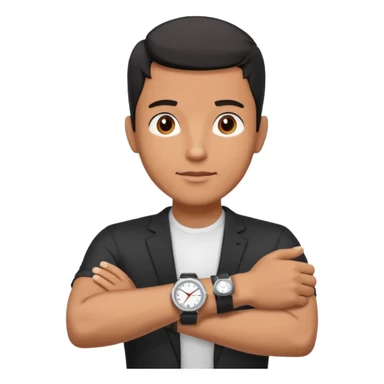 diverse man wearing a black strap watch on his wrist portrait, head and shoulders only, wrist raised slightly showing the watch clearly, modern style, 3D cartoon, mobile game icon style, clean background, no text, no watermark
 sticker